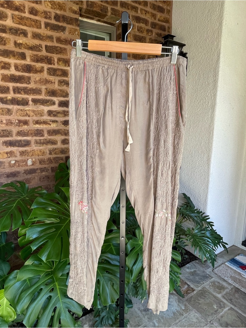 Johnny Was Taupe Joggers with Pink Trim and Floral Embroidery